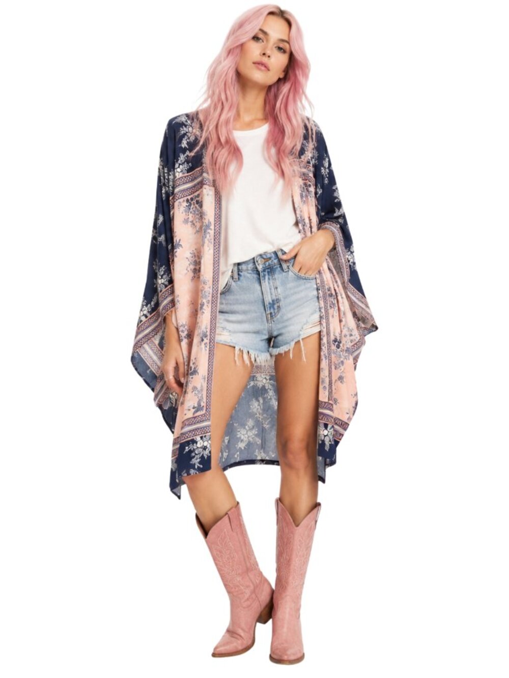 Charlotte Russe Pink Floral Kimono Short Cardigan Cover up Boho Festival OS